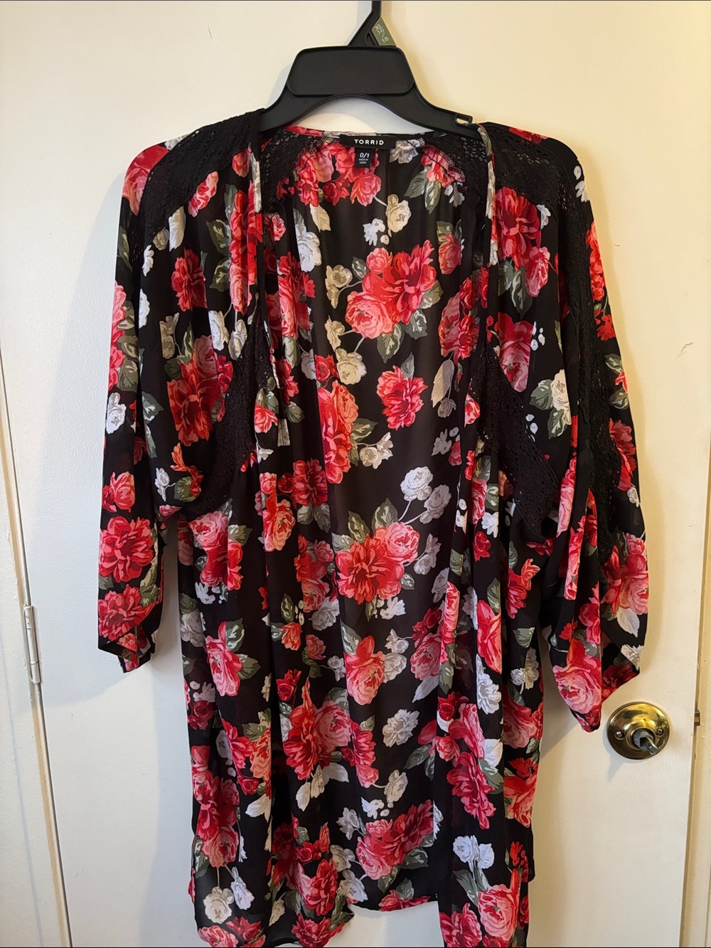 torrid Black Sheer Floral Kimono with Red Rose Print